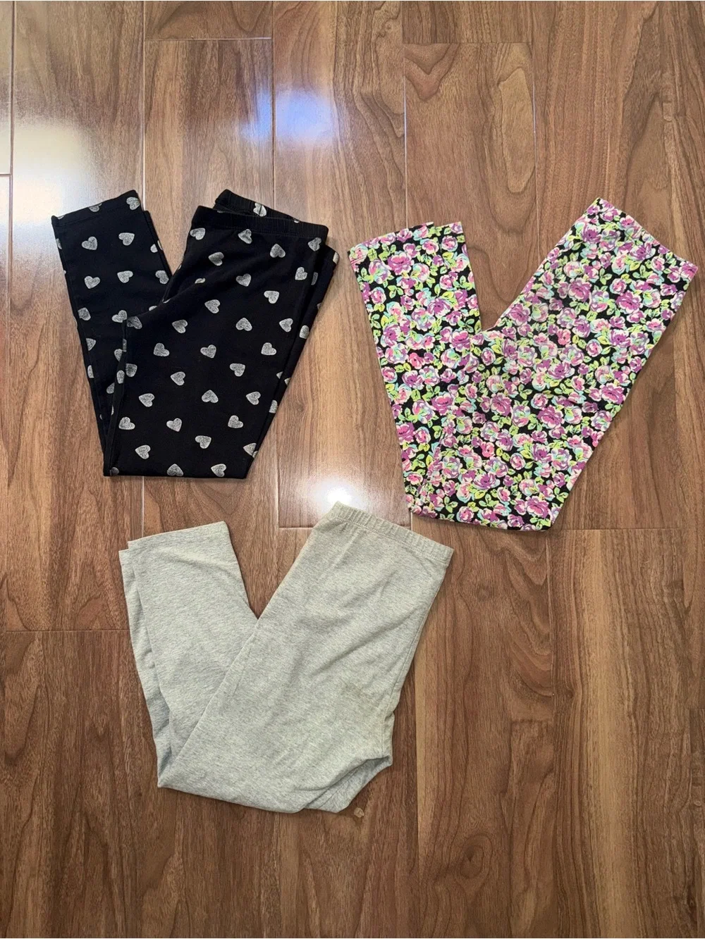 Girls 3-Pack Stretch Leggings - Black Heart, Pink Floral, Light Gray